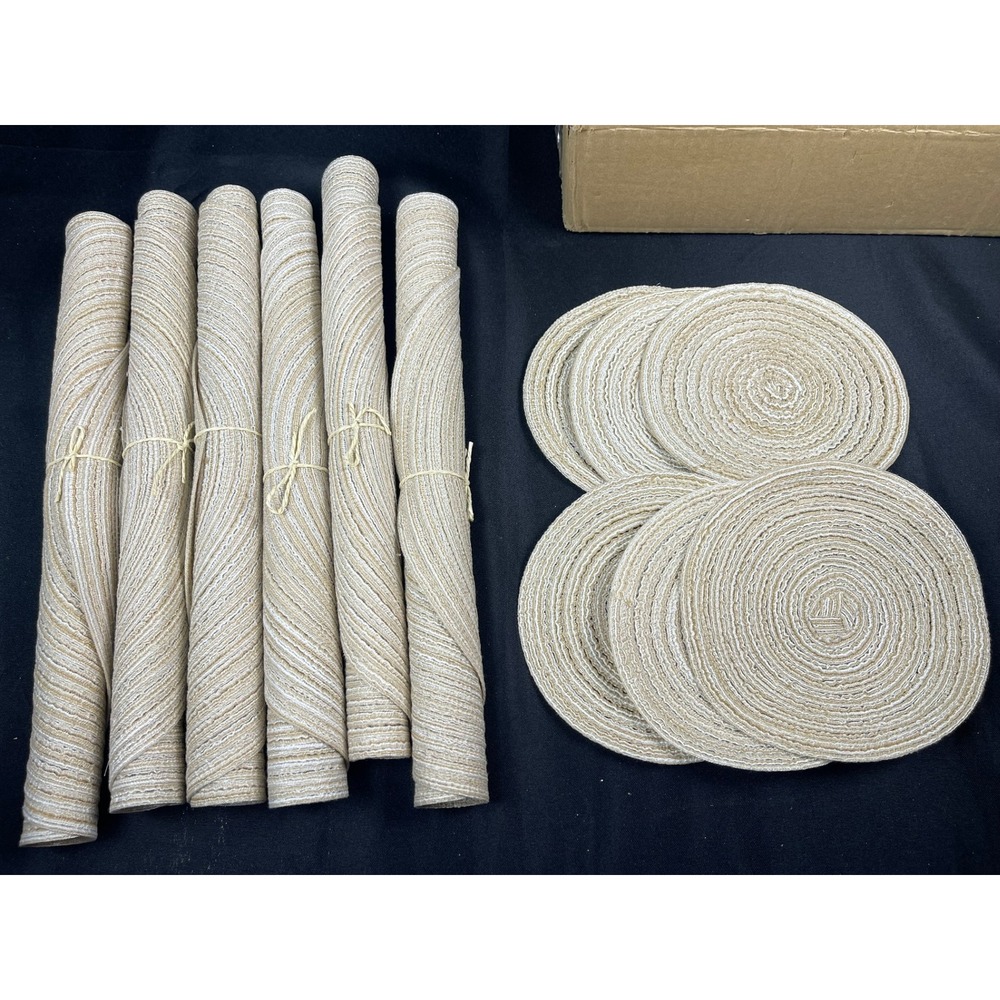 Set of 6 Round Braided‎ Cotton Placemats & 6 Coasters Beige White Farmhouse 12pc